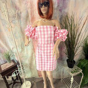 📌star style  Cute Vichy Check Off Shoulder Mini Dress with Ruffle Sleeves